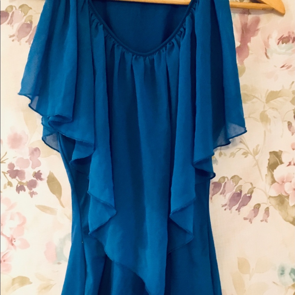 🟢 Blue Sheer Ruffle Sleeveless Top Size S | Feminine Flowing Blouse